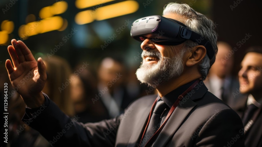 A man in a suit is wearing a virtual reality headset and smiling A man in a suit is wearing a virtual reality headset and smiling