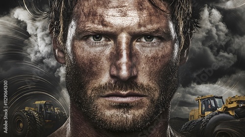 close-up of a man’s face, double-exposed with swirling images of dark clouds and heavy machinery, representing the burden and oppressive nature of toxic masculinity. [men's]:[toxic masculinity] 
