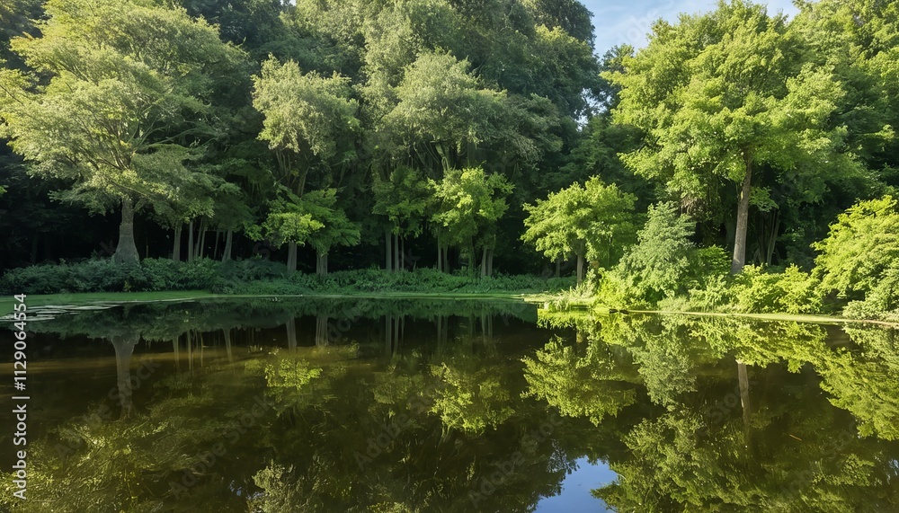 Calm River Reflection In A Green Forest With Clear Sky Calm River Reflection In A Green Forest With Clear Sky
