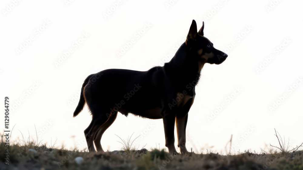 Silhouette of a majestic dog standing on hilltop against bright sky