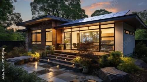 A small house with a large patio and a pool