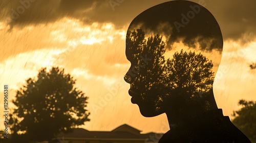 of a man suppressing his emotions, blended with an image of a stormy sky, highlighting the impact of emotional repression. | [men's]:[toxic masculinity] 