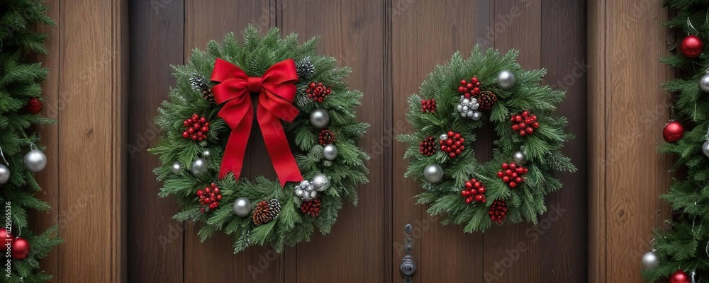 A stunning fresh pine wreath is accented with silver ornaments and a red ribbon on a wooden door, ornate details , rustic charm, red ribbon