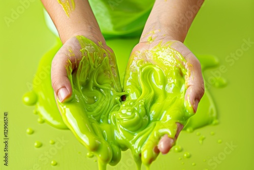 Bright green slime in hands, vibrant color, messy texture, playful activity, creativity, fun with gooey substance, engaging sensory experience, artistic expression, children’s playtime photo