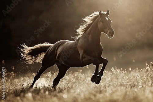 Dark Horse Galloping Across Golden Field at Sunset