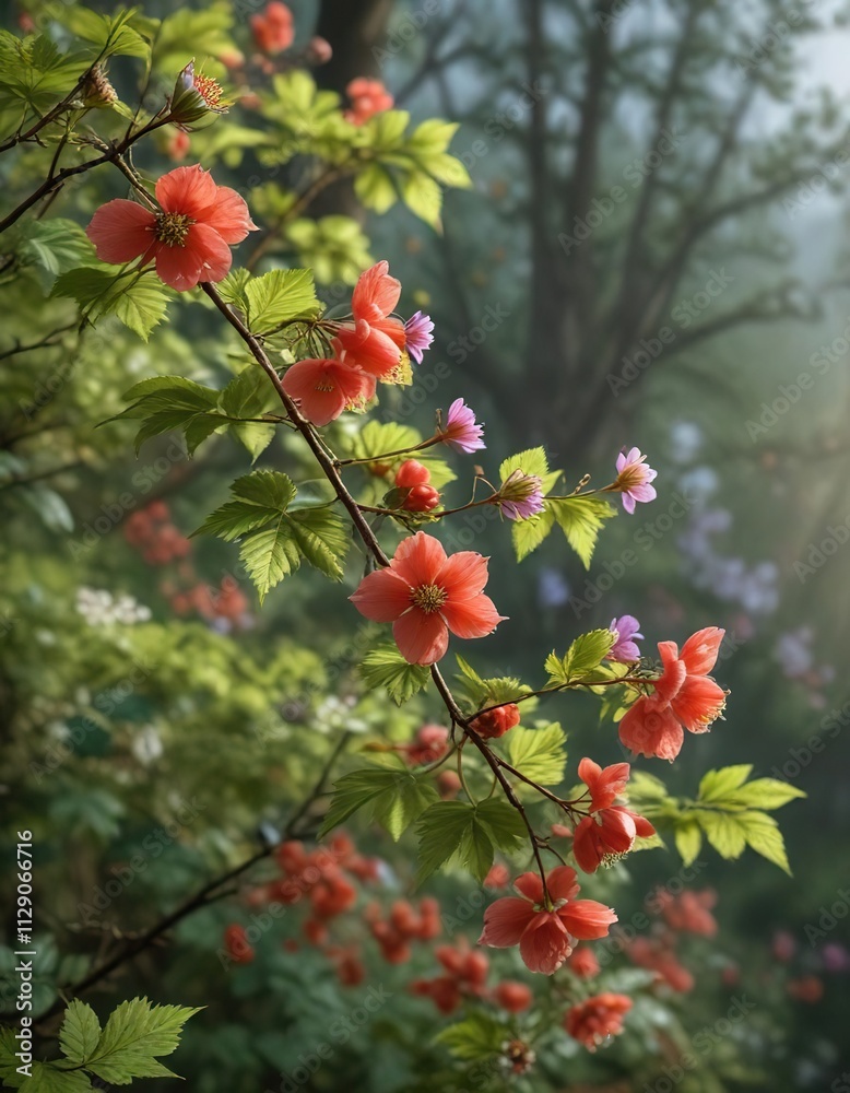 Salmonberry branches in full bloom with multiple flowers, season, forest Salmonberry branches in full bloom with multiple flowers, season, forest