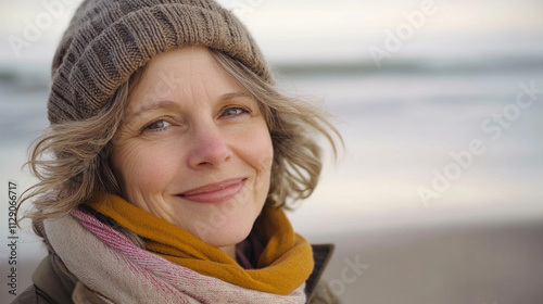 Woman with long hair and a scarf on her head is smiling at the camera. She looks happy and content, and the beach setting adds to the overall mood of the image