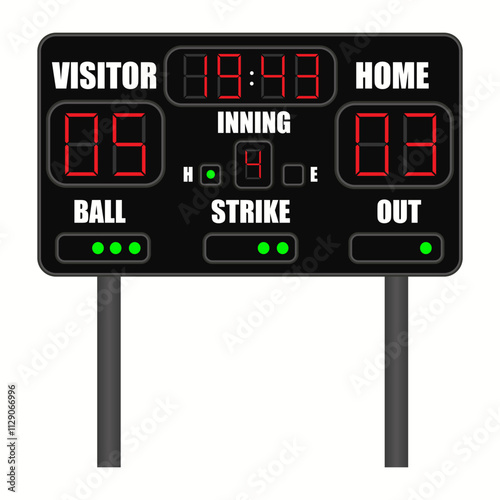 Creative vector illustration of baseball scoreboard isolated on transparent background. Art design sport game score with digital LED dots.