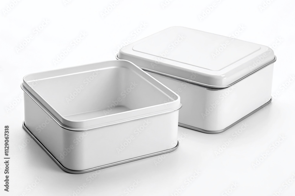 Mockup of a Blank White Square Tin Box Food Container Isolated on White Background Displaying Top and Front Views in 3D for Packaging Design and Food Branding Concepts Mockup of a Blank White Square Tin Box Food Container Isolated on White Background Displaying Top and Front Views in 3D for Packaging Design and Food Branding Concepts
