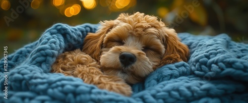 Adorable Cavapoo Puppy Sleeping Peacefully Under a Cozy Blue Knit Blanket