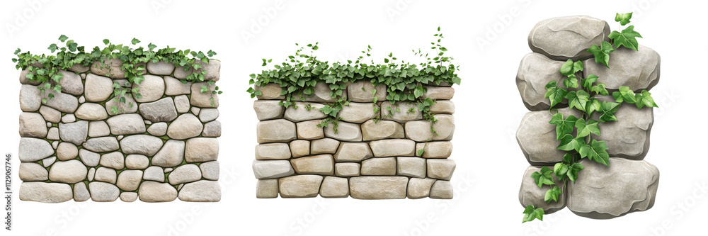 Three stone walls adorned with climbing greenery, showcasing different textures and arrangements of stones intertwined with lush foliage. Three stone walls adorned with climbing greenery, showcasing different textures and arrangements of stones intertwined with lush foliage.