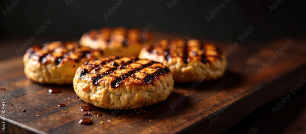 Grilled veggie burger patties with charred marks on wooden board Grilled veggie burger patties with charred marks on wooden board