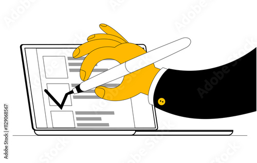 Hand putting a tick in an electronic ballot on the screen. Vector illustration on the theme of elections and online voting. Cartoon funny doodle style.