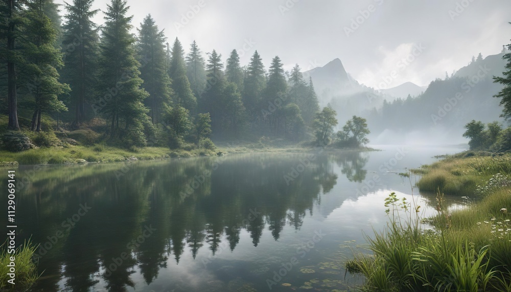 A tranquil small lake surrounded by greenery and mist in a valley, Nature, Trees, Peaceful A tranquil small lake surrounded by greenery and mist in a valley, Nature, Trees, Peaceful