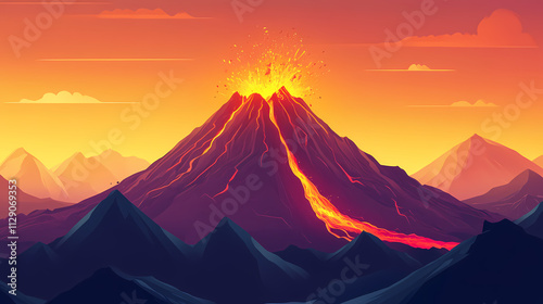 Volcanic mountain in eruption. Magma. Illustration