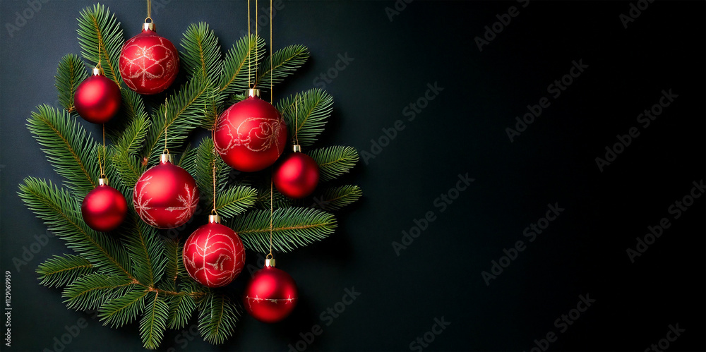 Christmas decoration, fir branches and red Christmas tree balls. Gray background to add text. AI Generated image Christmas decoration, fir branches and red Christmas tree balls. Gray background to add text. AI Generated image