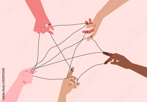 Hand of diverse people all together simplifying difficult tangles illustration