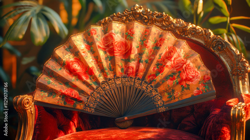 Ornate floral hand fan on luxurious vintage armchair with golden details photo