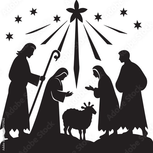 A traditional nativity scene The shepherds in silhouette, standing in awe with their sheep, as an angel appears above them, radiating heavenly light
