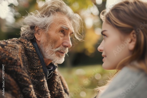 Intimate Conversation Between a Mature Man and Young Woman Surrounded by Nature, Capturing the Connection Across Generations in a Beautiful Fall Setting