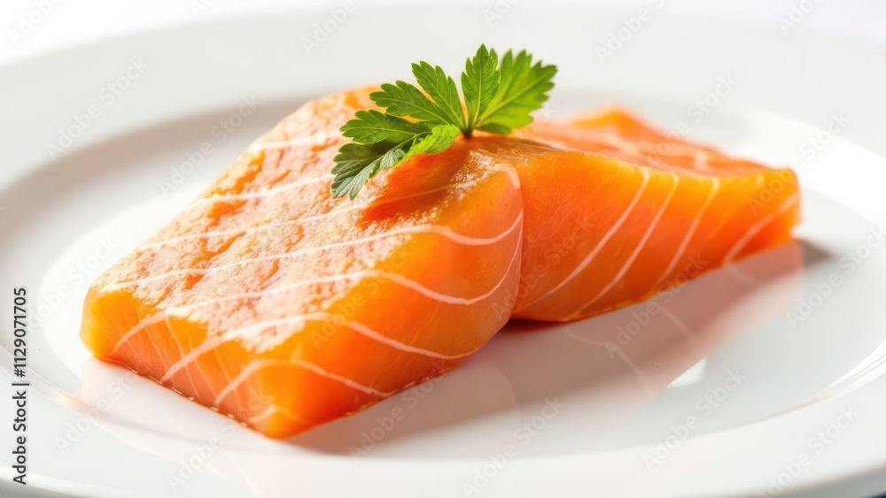 Fresh raw salmon fillets on white plate with parsley garnish Fresh raw salmon fillets on white plate with parsley garnish
