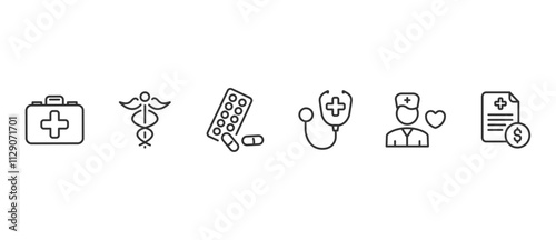 Medicine and Health care linear icon collection. Icons of healthcare in line style.  Medical vector icon illustration in transparent background.