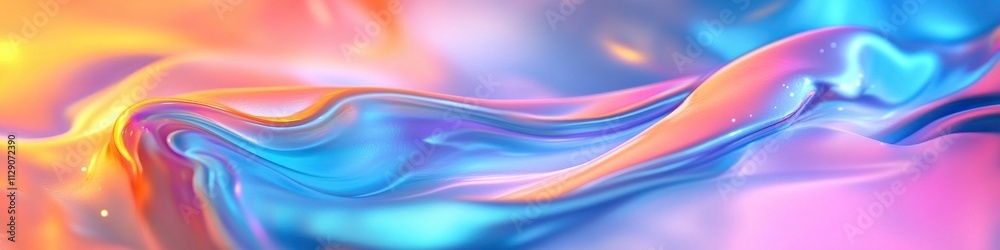 Fototapeta premium Colorful abstract background with holographic iridescent colors, fluid liquid waves, and blurred gradient in blue, pink, orange, and yellow. Holographic texture for design elements.