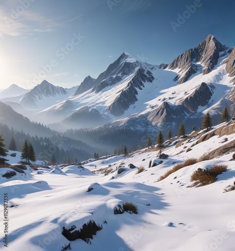 Snow-covered mountain landscape during Christmas, snow, icicles, winter wonderland