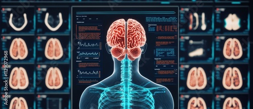 Healthcare rehabilitation global concept. Visual representation of the human brain and other organs displayed in a diagnostic imaging interface.