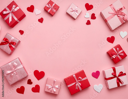 Valentine's Day flat lay composition with gift boxes and hearts on pastel pink background. Flat lay, top view, copy space. photo