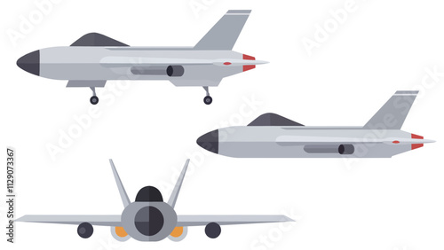 Vector Illustrated Military Combat Fighter Jet Aircraft Cartoon - Three Views - White Isolated
