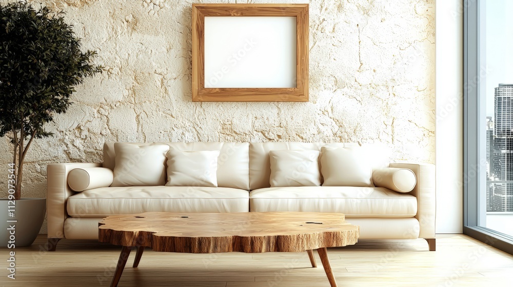  Leather sofa next to beige stucco wall. Loft home interior design of modern living room.. Natural Wooden coffee table. Wall with blank frame. 