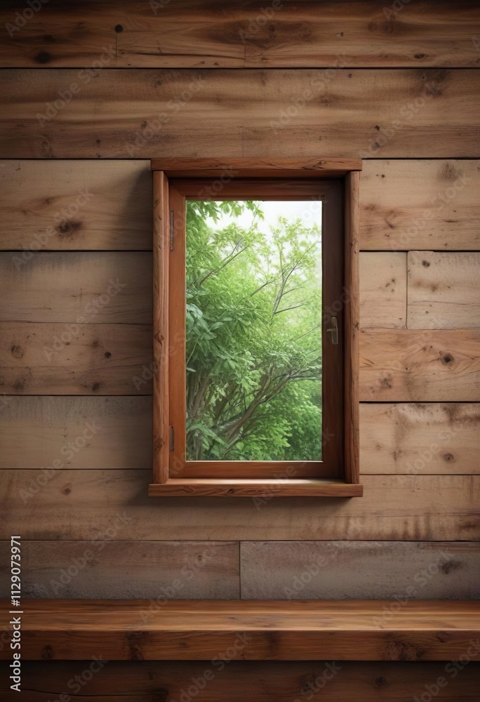 A wooden wall with a small window that adds warmth and coziness to the room, wooden wall, warm glow, soft lighting A wooden wall with a small window that adds warmth and coziness to the room, wooden wall, warm glow, soft lighting