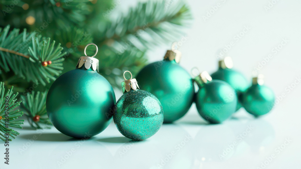 Green christmas ornaments with pine branches on white background Green christmas ornaments with pine branches on white background