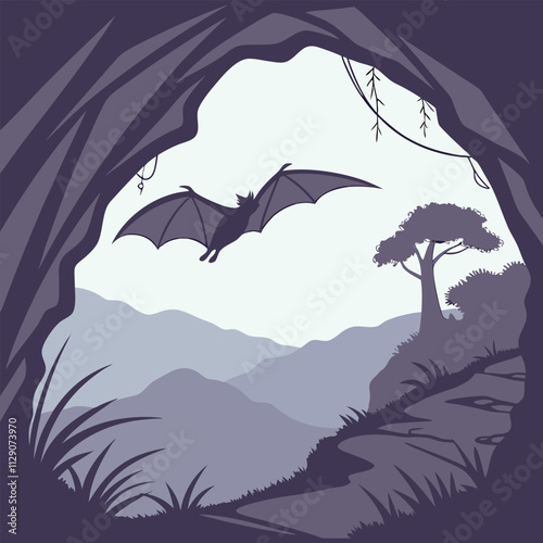 Silhouette of a bat flying out of a cave at twilight