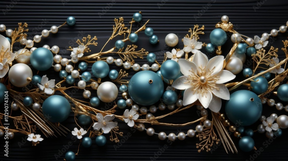 A blue and white floral arrangement of beads and pearls A blue and white floral arrangement of beads and pearls