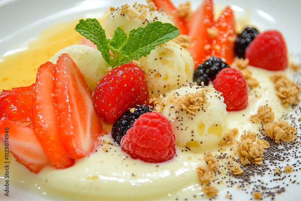 Sweet strawberry cream dessert on a white plate Sweet strawberry cream dessert on a white plate
