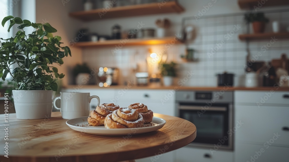 Freshly baked cinnamon rolls rest on a wooden table beside a steaming cup, surrounded by a warm, inviting Scandinavian kitchen adorned with greenery and soft lighting Freshly baked cinnamon rolls rest on a wooden table beside a steaming cup, surrounded by a warm, inviting Scandinavian kitchen adorned with greenery and soft lighting