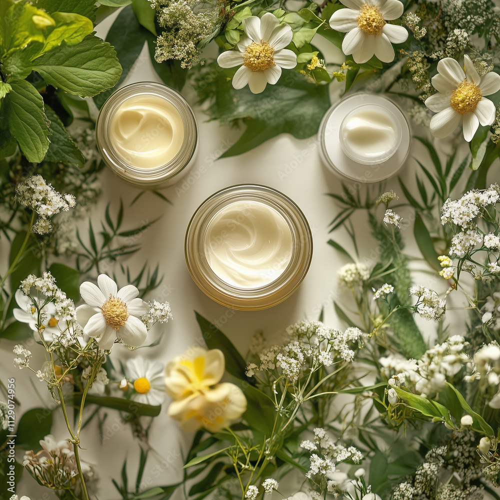 Creams in jars surrounded by fresh flowers and herbs. Purity, natural beauty and gentle care. Ideal for luxury cosmetics, natural cosmetics and personal care promotions