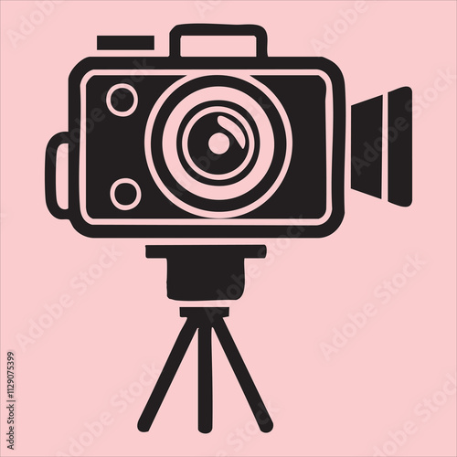 Line Drawing of Camera on Tripod with Light Pink Background. Digital Photo Camera