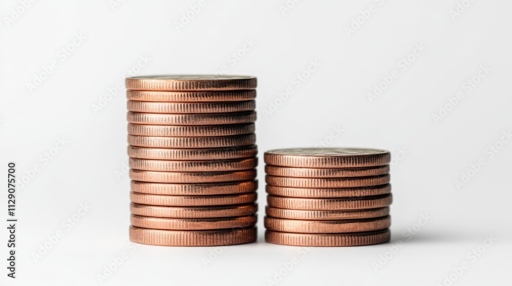 Copper Coin Stacks: Growth and Investment. Two stacks of copper-colored coins, one significantly taller than the other, symbolize growth, investment, and financial success. Copper Coin Stacks: Growth and Investment. Two stacks of copper-colored coins, one significantly taller than the other, symbolize growth, investment, and financial success.