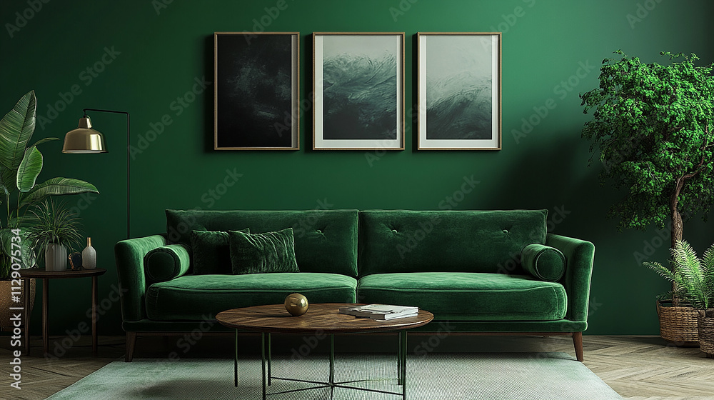 Fototapeta premium Home interior mock-up with green sofa table and desk