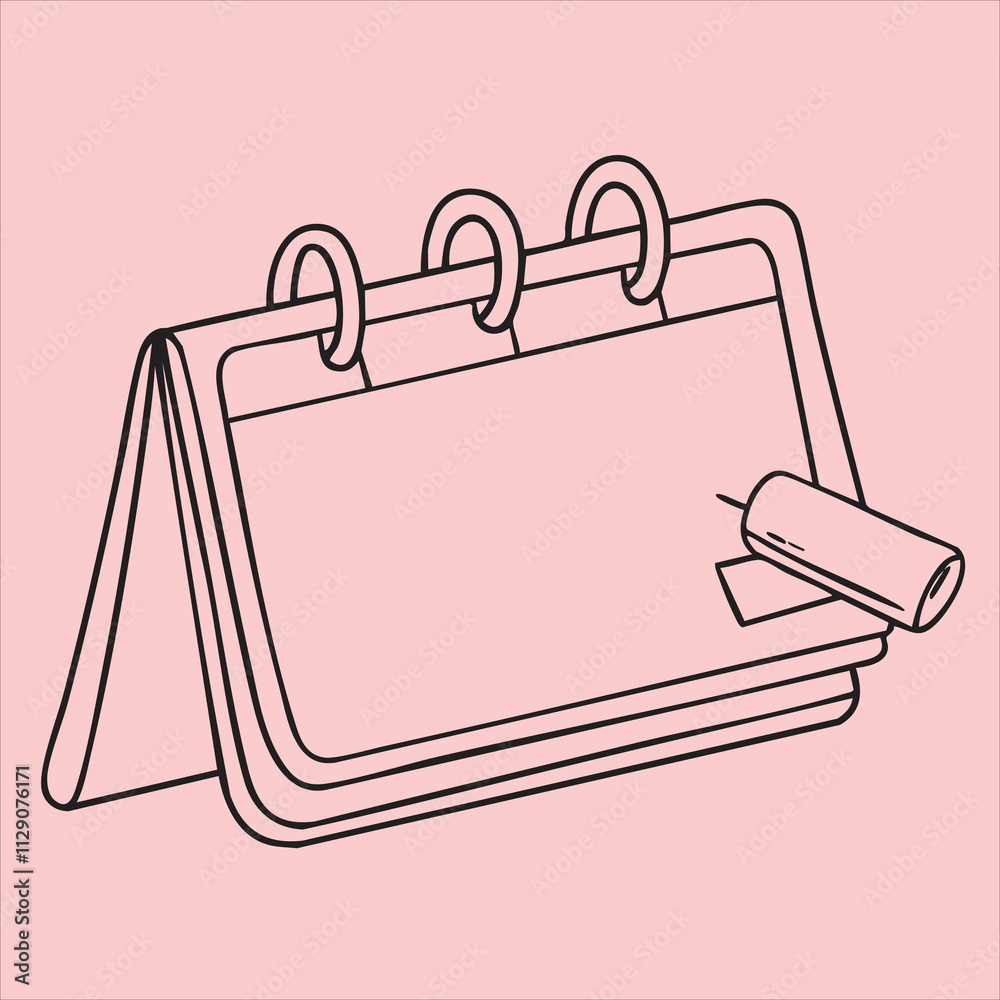 Illustration of a Calendar, Line Drawing of Desk Calendar with Paper and Pen on Pink Background Illustration of a Calendar, Line Drawing of Desk Calendar with Paper and Pen on Pink Background