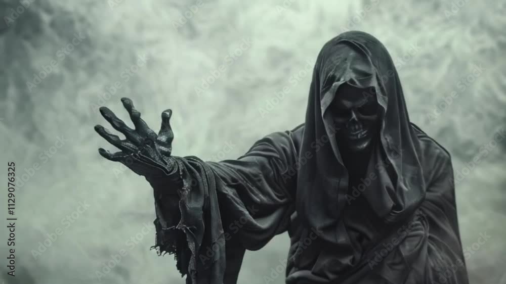 Scary grim reaper with sharp scythe in hell with dramatic background Scary grim reaper with sharp scythe in hell with dramatic background