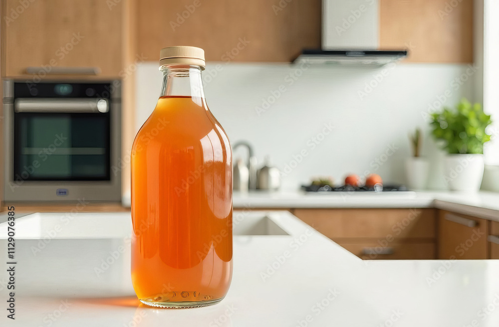 Bottle of kombucha on the table in a spacious, bright modern kitchen. Empty space for text. Probiotic tea for gut health. Bottle of kombucha on the table in a spacious, bright modern kitchen. Empty space for text. Probiotic tea for gut health.