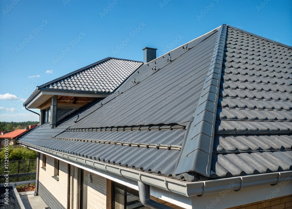 New Gray Corrugated Metal Roof Under a Bright Blue Sky, Showcasing Modern Architectural Design and Durable Materials in a Crisp, Clear View for Home Improvement and Construction Photography New Gray Corrugated Metal Roof Under a Bright Blue Sky, Showcasing Modern Architectural Design and Durable Materials in a Crisp, Clear View for Home Improvement and Construction Photography
