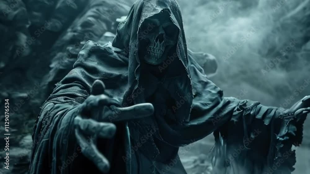 Scary grim reaper with sharp scythe in hell with dramatic background Scary grim reaper with sharp scythe in hell with dramatic background
