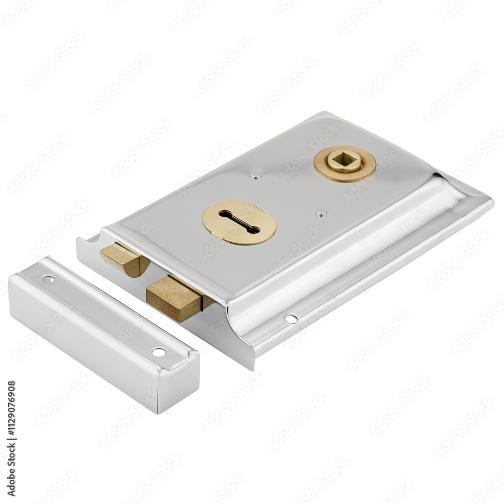 Polished Chrome Rim Lock with Brass Keyhole and Matching Strike Plate for Interior Doors Polished Chrome Rim Lock with Brass Keyhole and Matching Strike Plate for Interior Doors