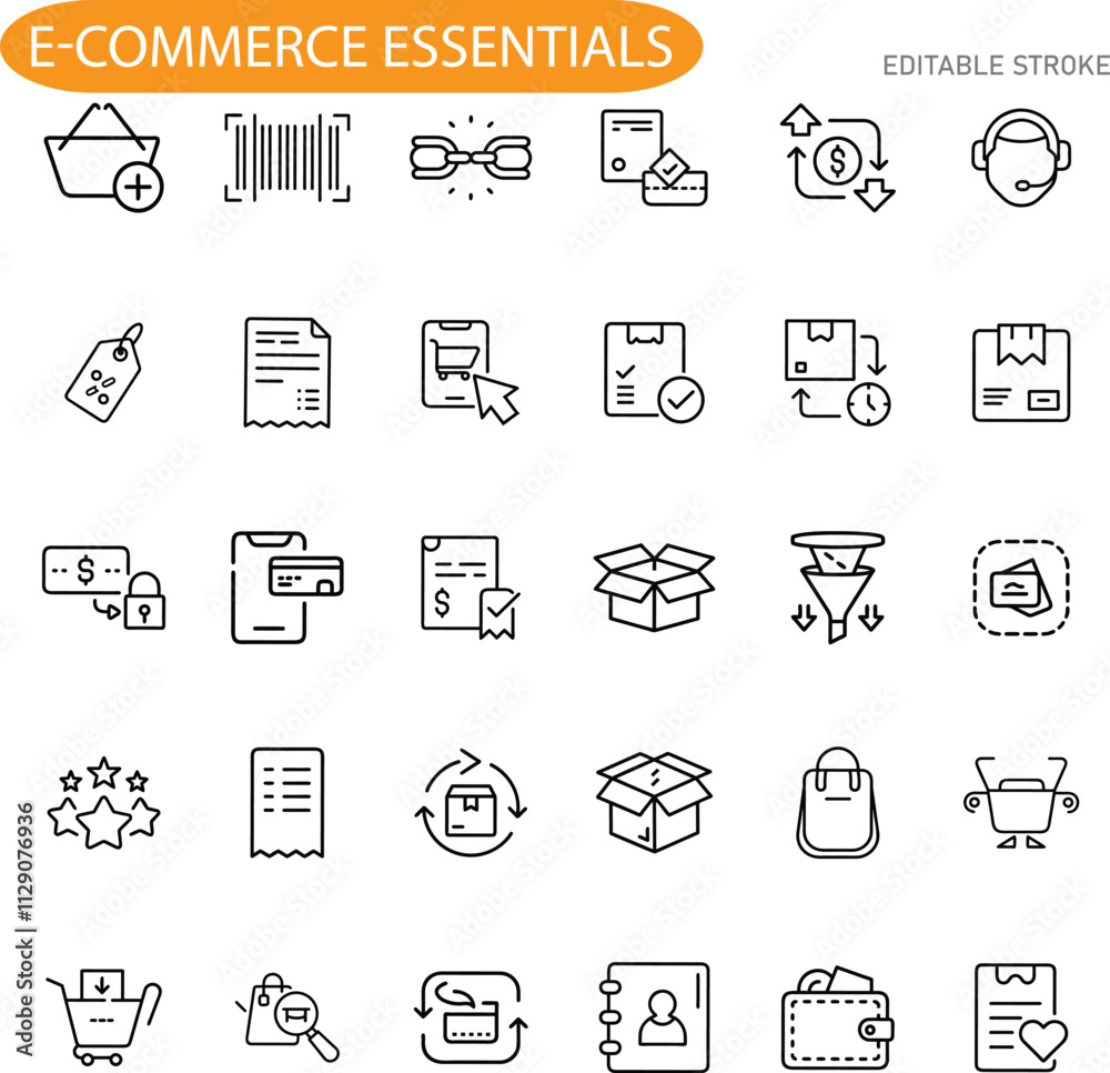 Ecommerce Essentials Icons for Online Shopping, Sales, and Payments Ecommerce Essentials Icons for Online Shopping, Sales, and Payments