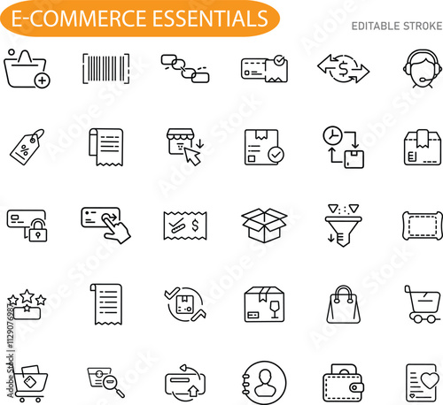 Ecommerce Essentials Icons for Online Shopping, Sales, and Logistics